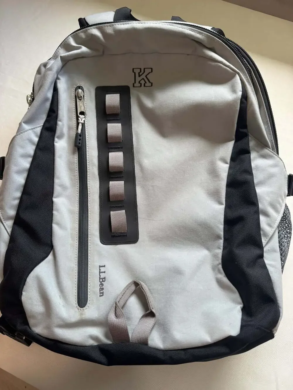 L.L.Bean Gray Black Backpack Monogram K Hiking Travel School Daypack